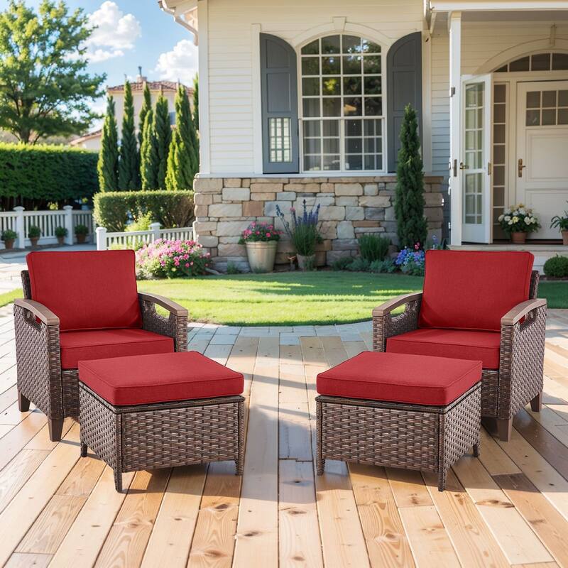 Pocassy Outdoor Club Chair with Cushion Set - Red Cushion - 2 Club Chairs with 2 Ottoman Set