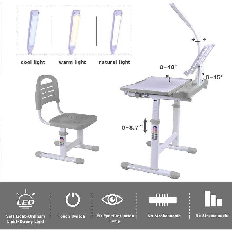 Modern Ergonomic Kids Desk and Chair Set with Tiltable Desktop and LED Light for Study and Reading or Drawing