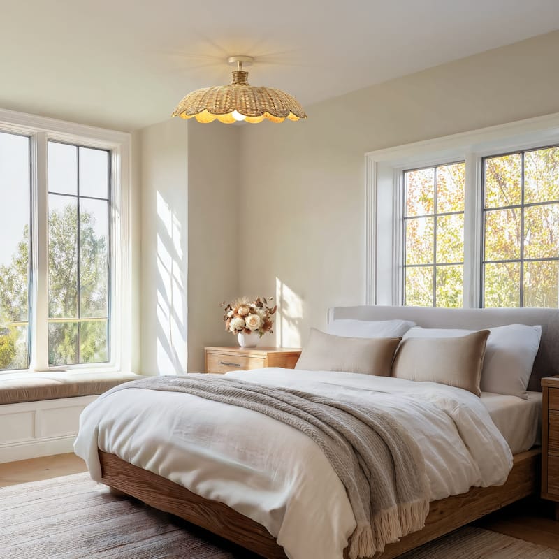 Aurelia Rattan Flush Mount - Rattan Natural 1-Light Handwoven Ceiling Light for Dining Room or Living Room in Modern, Boho Style