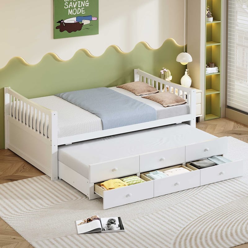 Full Size White Daybed with Twin Trundle and Drawers for Extra Sleeping Space