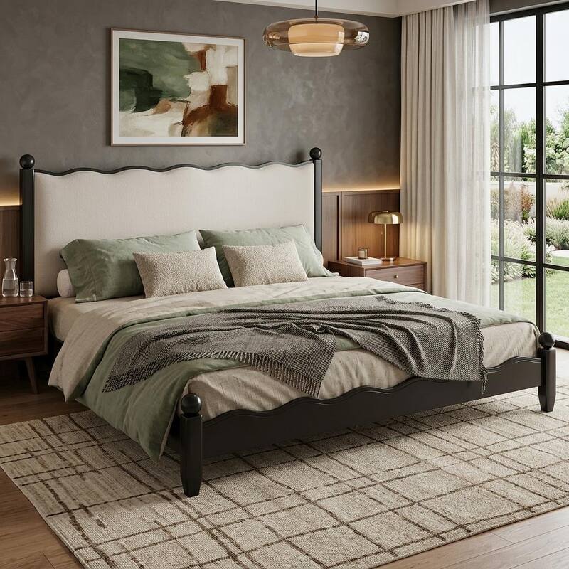 Wood Platform Bed with Upholstered Headboard by Harper&Bright Designs - Black - Queen