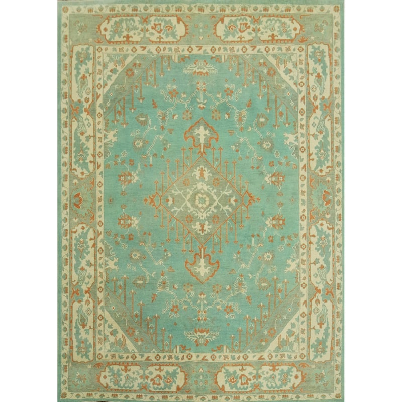 Handmade Wool Oushak Turkish Area Rug, Floral Geometric Carpet - 10' 0'' X 8' 3''