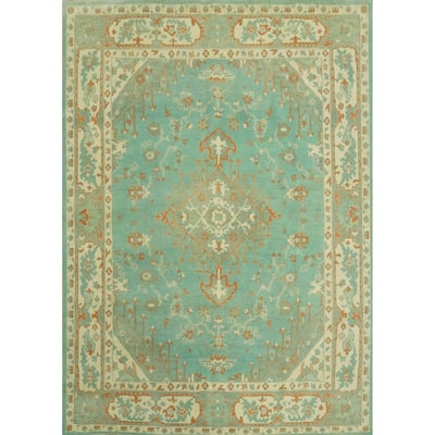 Handmade Wool Oushak Turkish Area Rug, Floral Geometric Carpet - 10' 0'' X 8' 3''