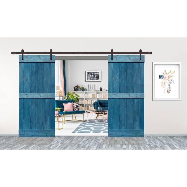 CALHOME Stained MidBar Double DIY Barn Door W/ Hardware Kit - 76 x 84 - Ocean Blue