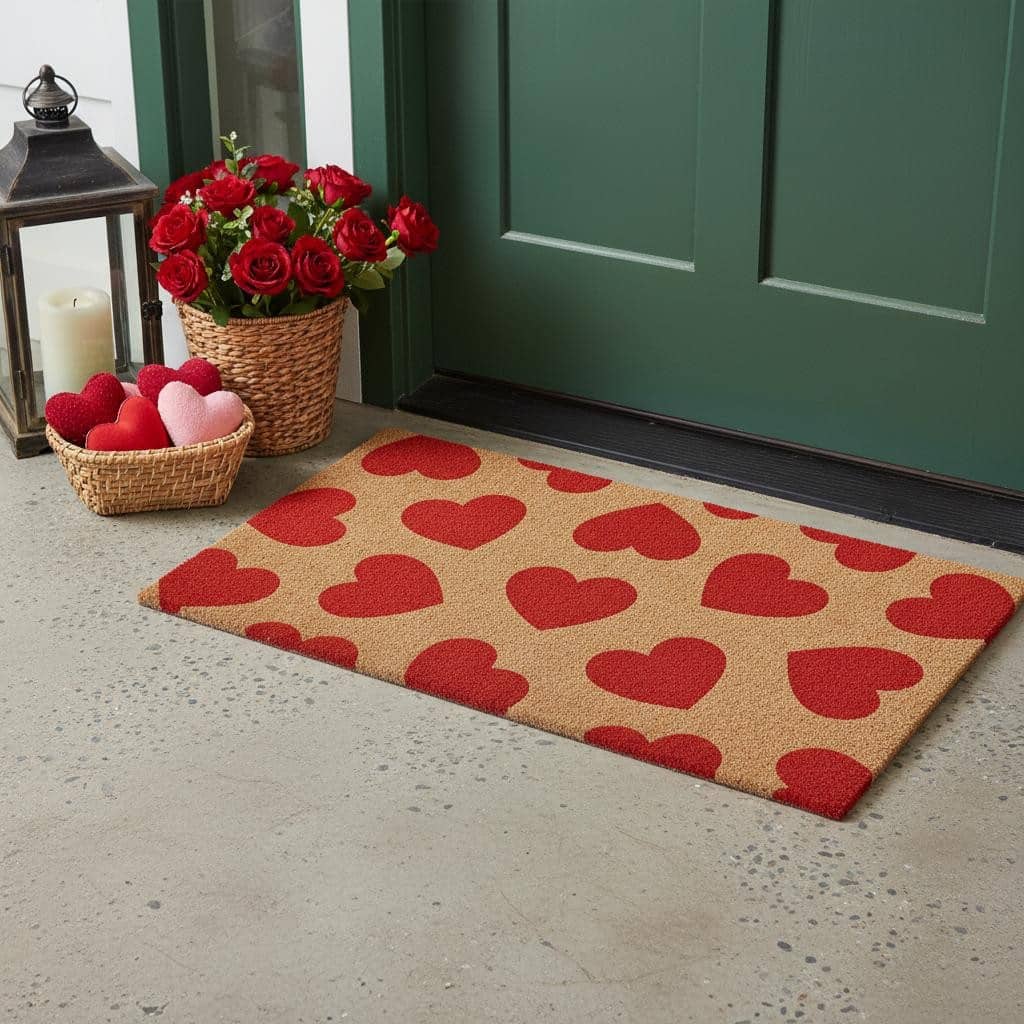 HomeRoots 17" X 29" Brown And Red Hearts Outdoor Coir Door Mat - 17.00' X '29.00