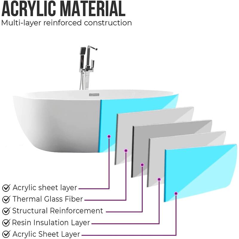 Vanity Art 69" Freestanding Acrylic Soaking Bathtub with Slotted Overflow & Pop-up Drain