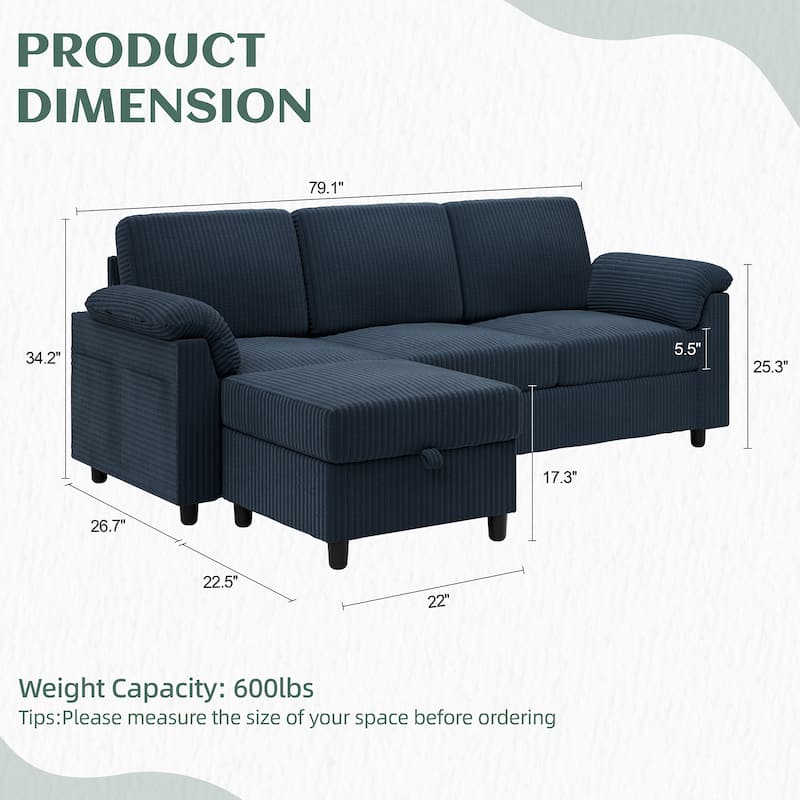 Futzca ​Sectional Sofa Couch, 3 Seat L Shaped Sofa with Removable Pillows