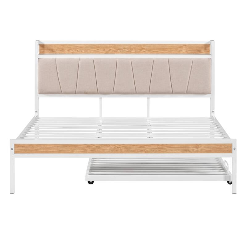 HomeRoots White Metal Queen Bed Frame With Trundle
