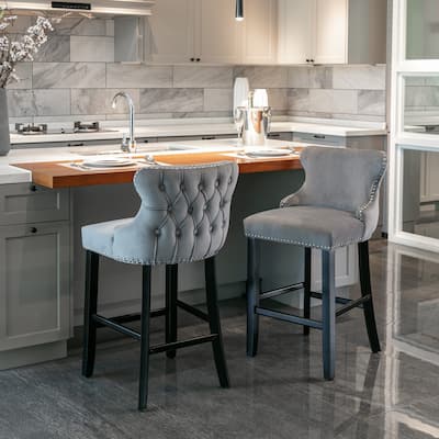 Light Luxury Velvet Wing-Back Barstools with Chrome Nailhead Trim, Bar Chairs Set of 2