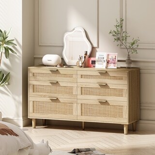 51" Rattan Wood Dresser with 6 Drawer,Clothes Storage Cabinet for ...