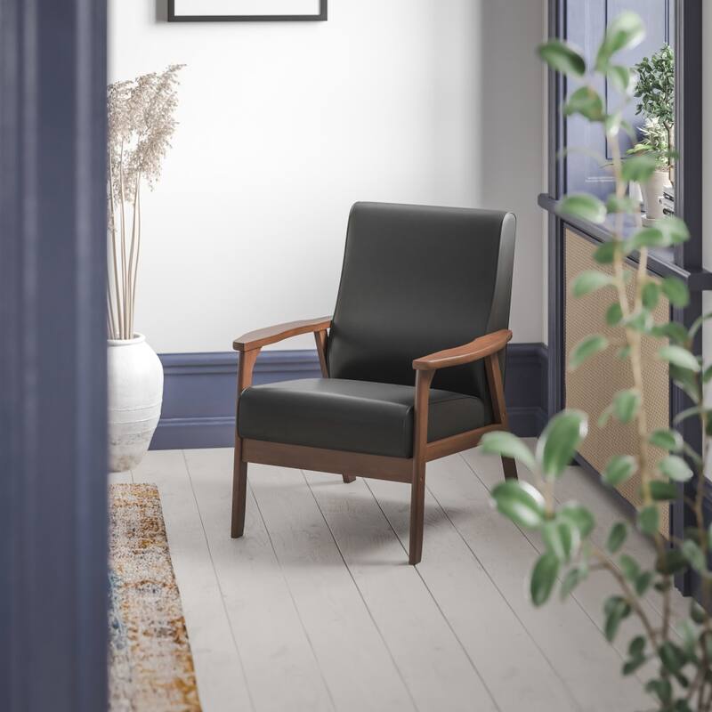 Mid-Century Modern Arm Chair with Wooden Frame and Arms - Black LeatherSoft
