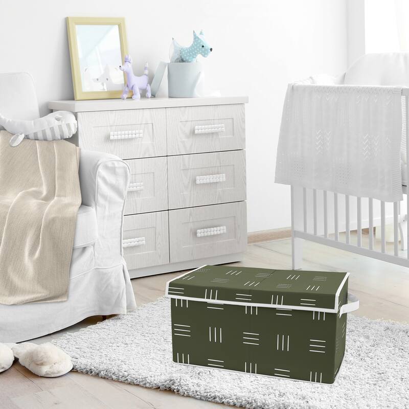 Hunter Green Boho Mudcloth Boy Girl Kid Fabric Toy Bin Storage White Bohemian Woodland Tribal Hatch Gender Neutral Safari Jungle