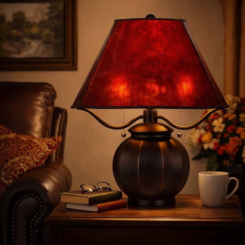 20 Inch Table Lamp, Vintage Red Amber Mica Shade, Upturned Arms, Round Body