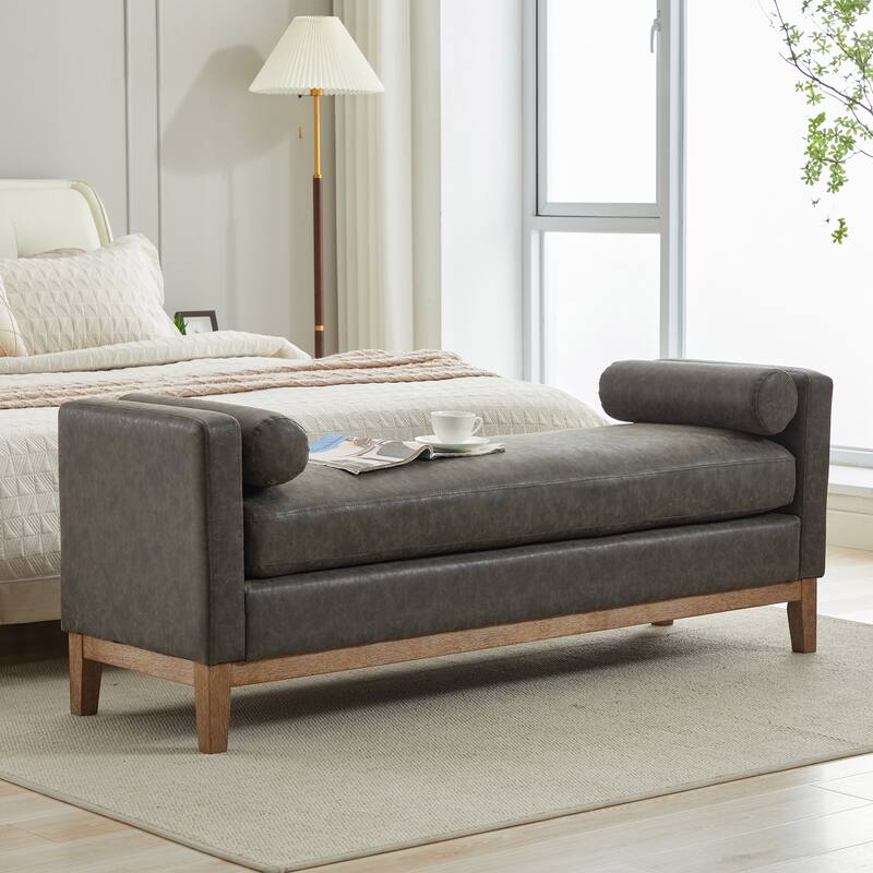 Bedroom Bench with Pillows and Solid Wood Legs for Living Rooms and Entryway - Gray/PU