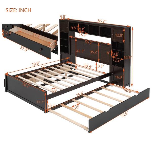 dimension image slide 0 of 3, Wooden Full Size Platform Bed With Cabinet, Shelf, Sockets and Trundle