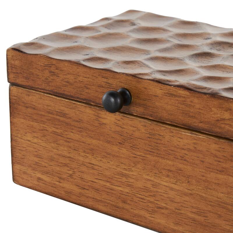 Brown Wood Textured Concave Honeycomb Storage Box with Black Knobs (Set of 2)
