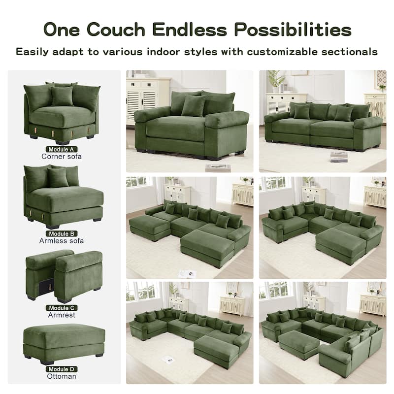 GDFStudio - Corduroy 3-Seater 79.1" Cloud Modular Sectional Couch with Ottoman