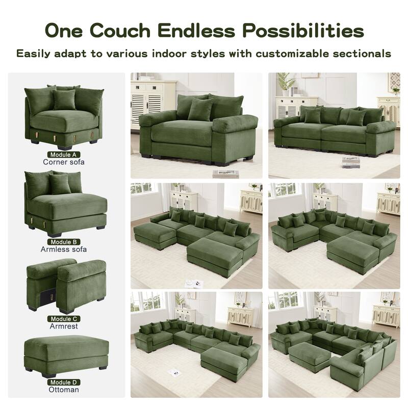 GDFStudio - Corduroy U-Shaped 6-Seater 137.7" Cloud Modular Sectional Couch with Ottoman