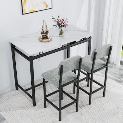 Kitchen Dining Set with Cultured Marble Top Dining Table and 2 Upholstered Chairs, Dining Table with Storage Rack