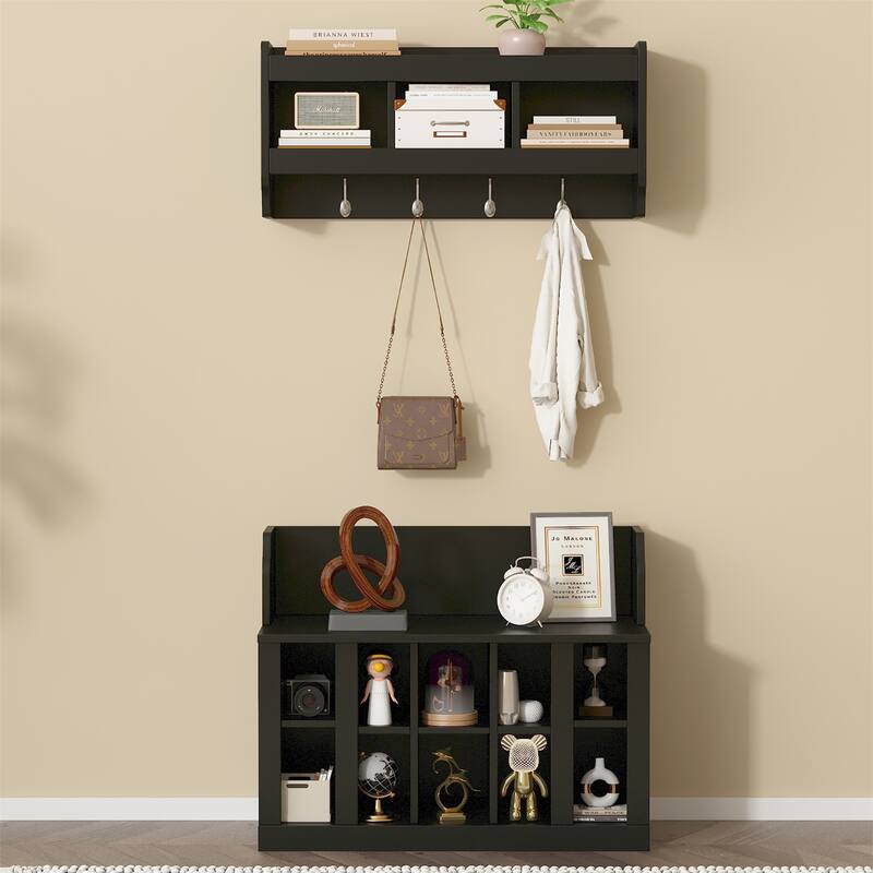 Shoe Storage Bench with Shelves and 4 Hooks