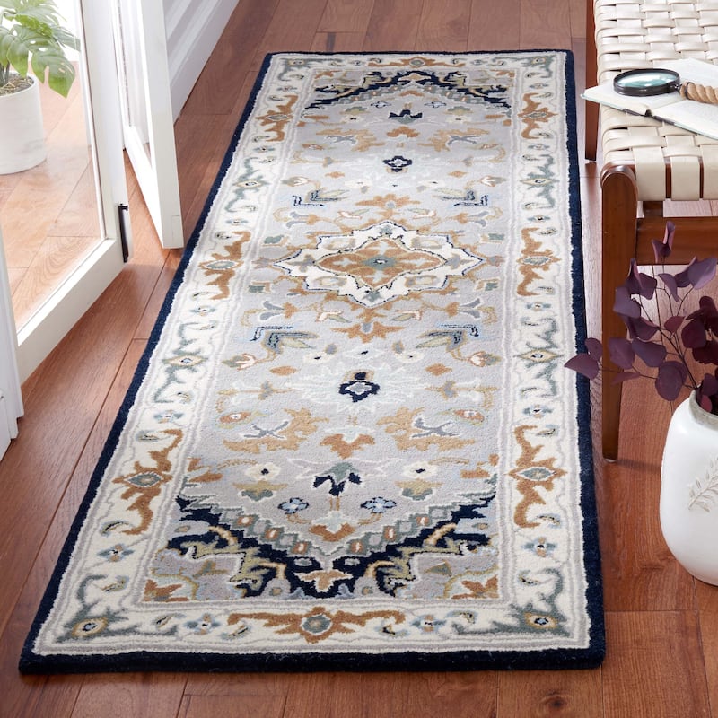 SAFAVIEH Handmade Heritage Asia Traditional Oriental Wool Rug - 2'3" x 12' Runner - Grey/Navy