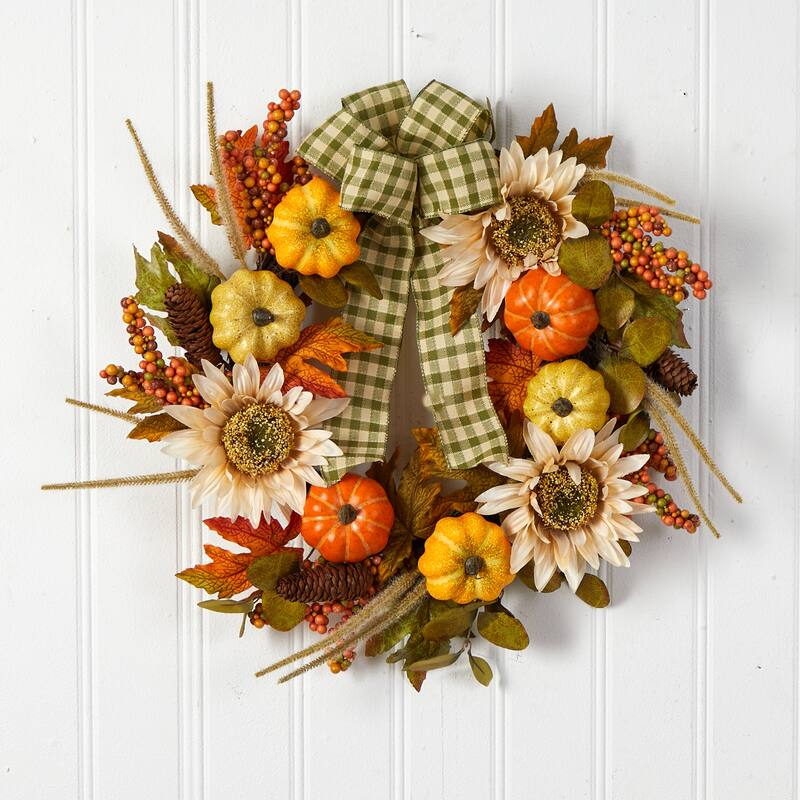Sunflowers & Pumpkins Artificial Fall Harvest Wreath Ribbon, 24-Inch