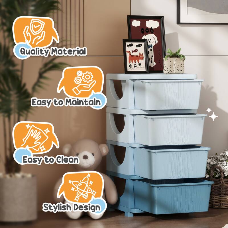 Qaba 4 Tier Kids Storage Unit, 4 Drawer Chest Toy Organizer Plastic Bins