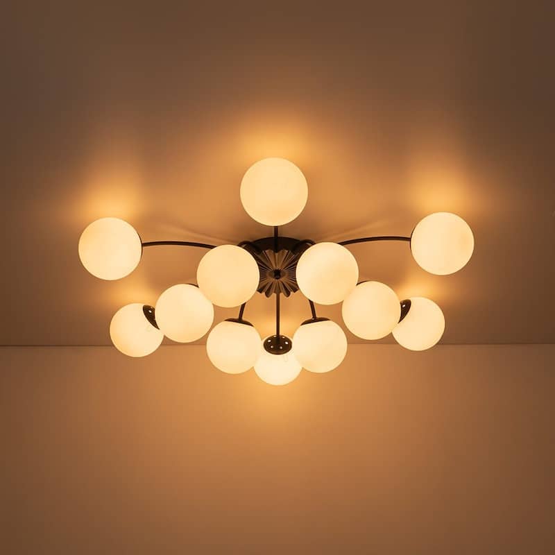 Mid-Century 12-Light Milky Glass Globe Sputnik Ceiling Light - 39in - Black - Semi Flush Mount