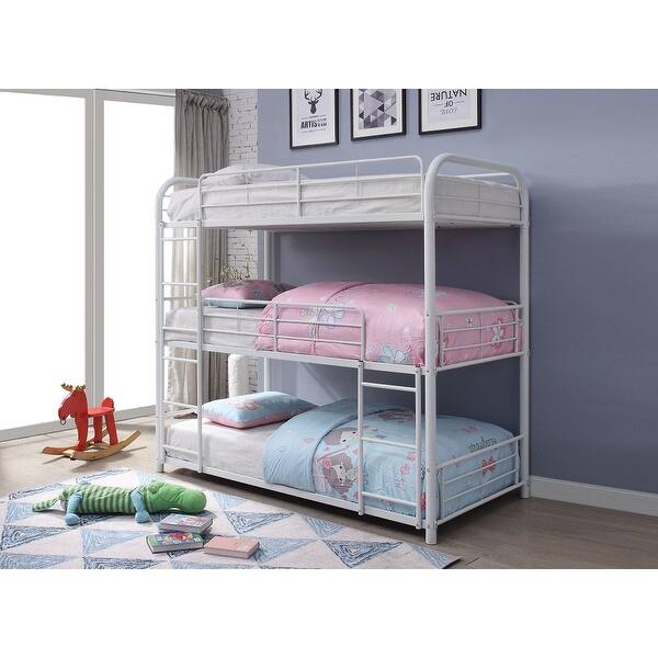 slide 2 of 4, White Full Size Metal Triple Bunk Bed with Ladder and Fence for Kids, Boys and Girls, Bedroom White