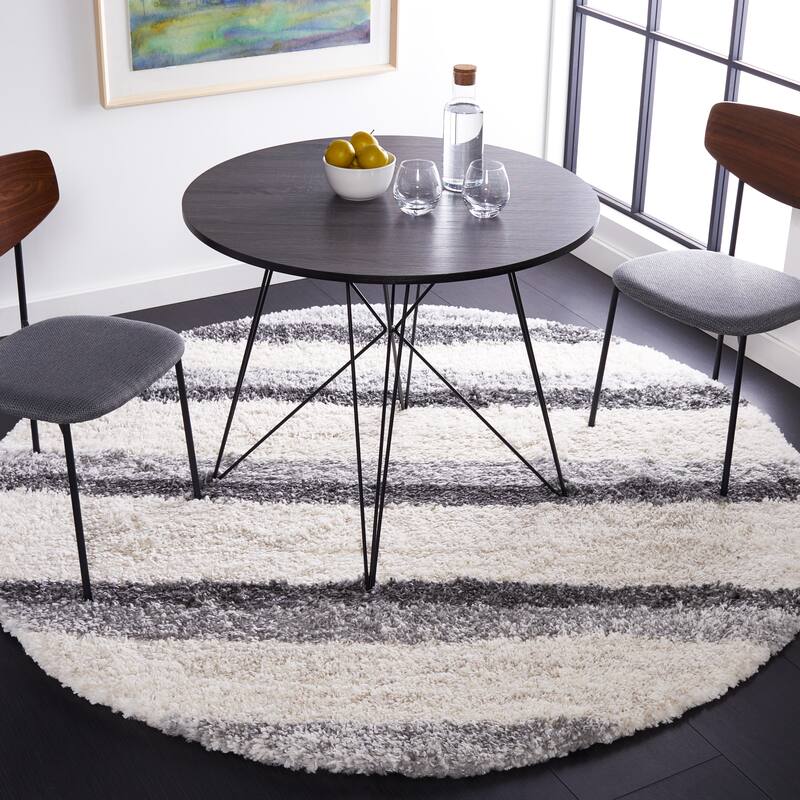SAFAVIEH Fontana Shag Mariosa Modern Stripe 2-inch Thick Rug - 6'7" Round - Ivory/Grey