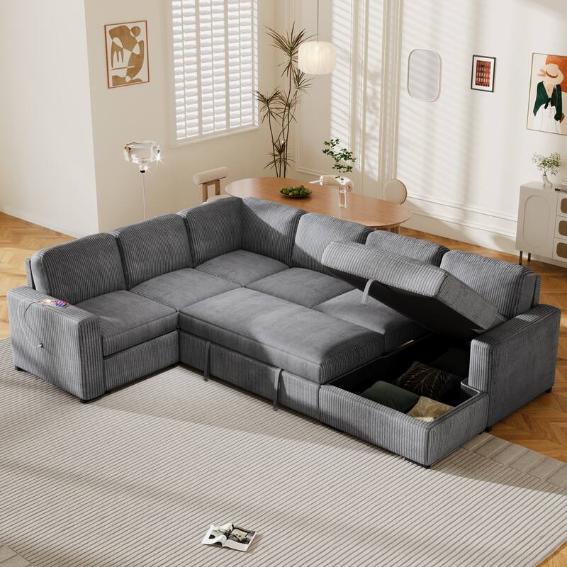 Modern U Shaped Modular Sofa Bed with USB Ports and Hidden Storage and for Living Rooms or Guest Room