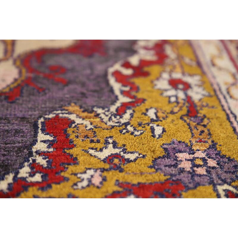 Hand Knotted Oriental Silk Carpet Transitional Medallion Purples Anatolian Area Rug - 5' 2'' X 4' 0''