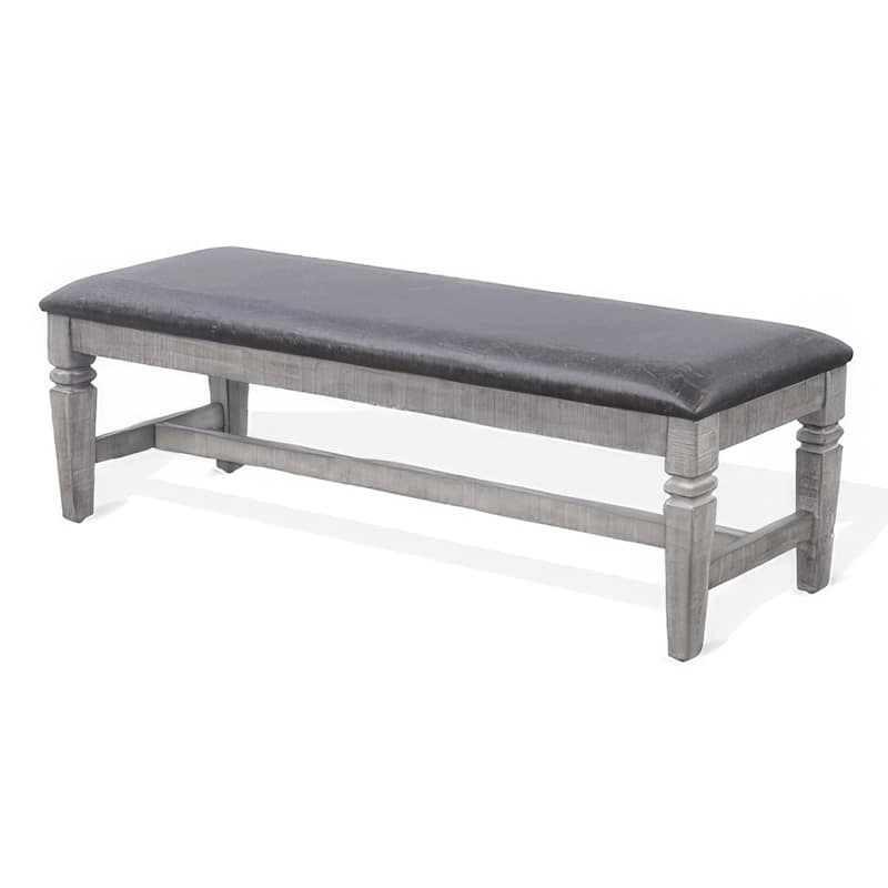Camie Dining Bench, 56 Inch Faux Leather Seat, Gray Mahogany Wood