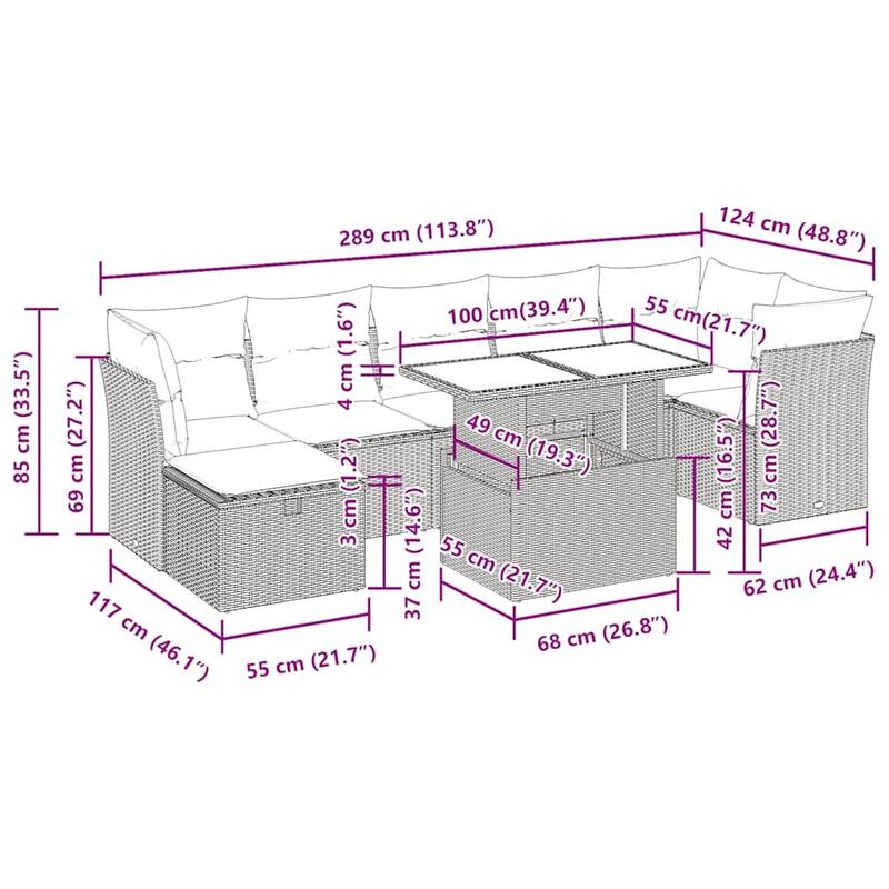 vidaXL Patio Sofa Set with Cushions Outdoor Furniture 8 Piece Poly Rattan - 21.7 x 39.4 x 28.7 in