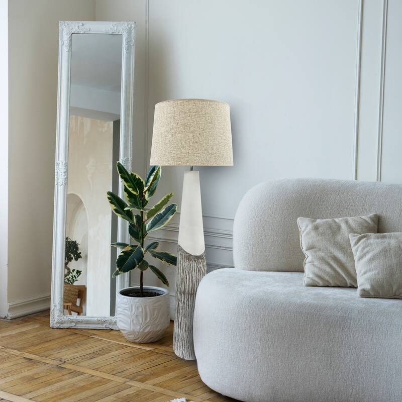 Brown Textured Resin Tall Floor Lamp with Linen Shade for Modern Rooms