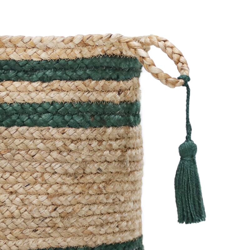 Sevita Double Border Striped Natural Jute Decorate Storage Basket with Handles