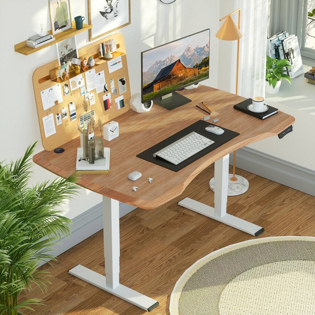 FLEXISPOT Dual Motol 3-Stage Ergonomic Adjustable Height Home Office Standing Desk with Curved Fiberboard-White Frame