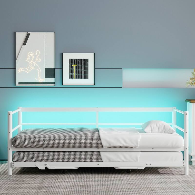 Twin Size Metal Daybed with LED and Adjustable Trundle, Pop Up Trundle, White