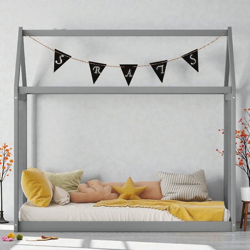 Twin Size Wooden House Bed Frame for Kids, Pine Wood Playhouse Bed with Roof Design, No Box Spring Needed