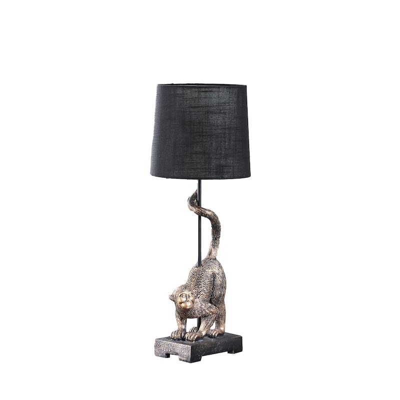 Ree 24 Inch Accent Table Lamp, Monkey Resin Sculpture, Drum Shade, Bronze