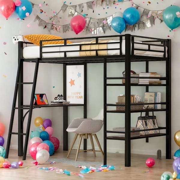 slide 2 of 18, Modern Twin Size Loft Bed with 3 Layers of Shelves and Desk with Whiteboard and Metal Frame for Bedroom Black