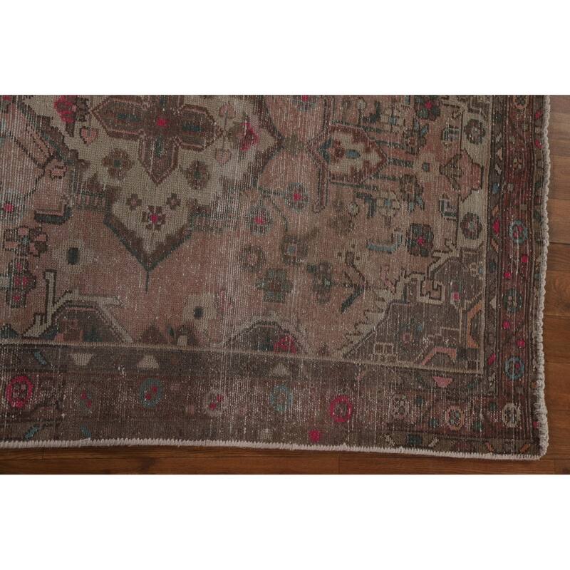 Hand Knotted Oriental 100% Wool Carpet Traditional Geometric Pink Hamedan Runner Rug - 9' 7'' X 3' 3''