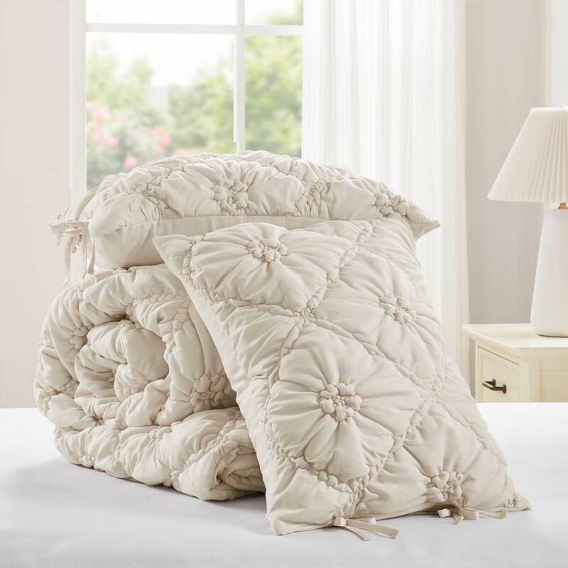 3PCS Full/Queen Textured Floral Comforter Set with Shams Puffy Design All Season Comfort