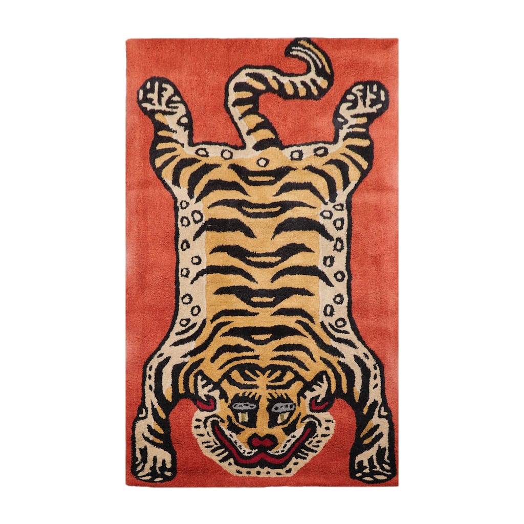 Hand Tufted Hand Made Wool Tiger Novelty Oriental Area Rug Teracotta - 3' x 5'