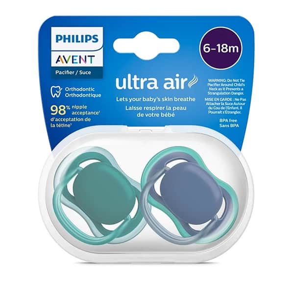 slide 2 of 3, Philips Avent Ultra Air Pacifier 6 to 18M in Deep Opal and Steel Blue 2 Pack Blue