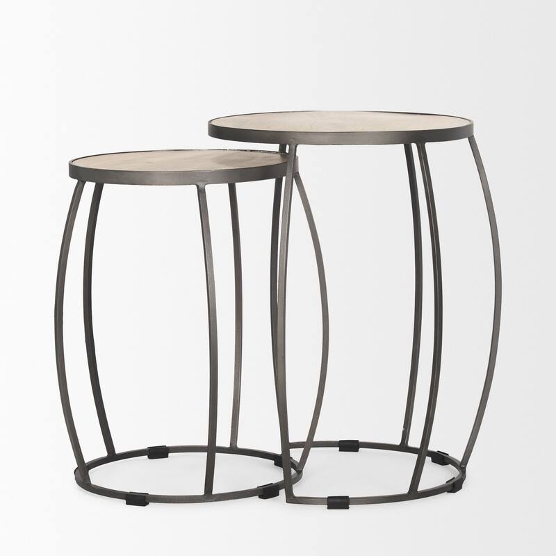 Clapp Round Light Brown W/ White Wash Wood and Silver Metal Nesting Accent Tables (Set of 2) - 22.0L x 22.0W x 26.0H