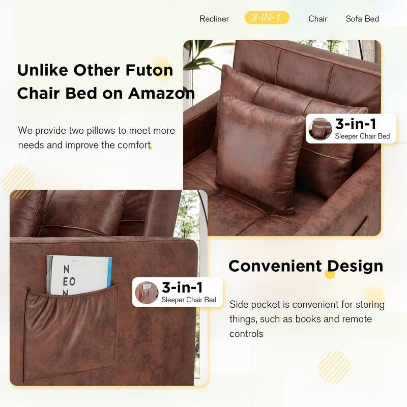 AECOJOY Adjustable Sleeper Chair Bed 3-in-1 Convertible Futon Sofa