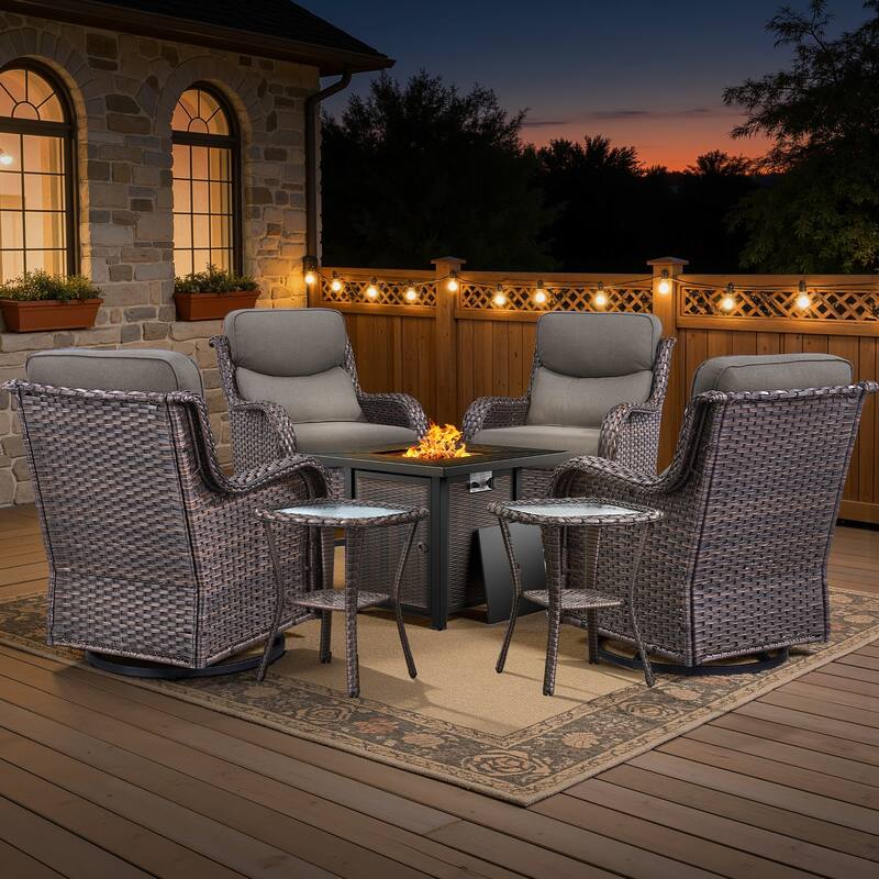 Meyreso 7-Piece Outdoor Patio Wicker Fire Pit 4 person Conversation Set with 5-Inch Thick Cushions