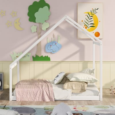 Solid Wood House Bed with Roof for Kids