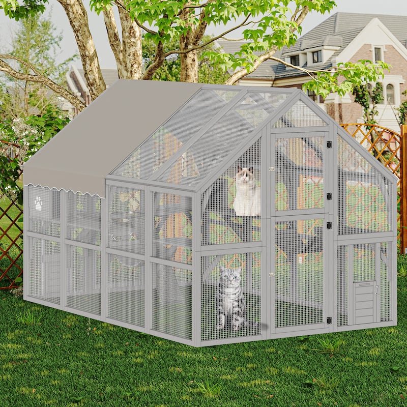 Moasis 110" Outdoor Large Cat Catio Enclosure Wooden House with Bridges, Walks, Small Houses, Roof Cover